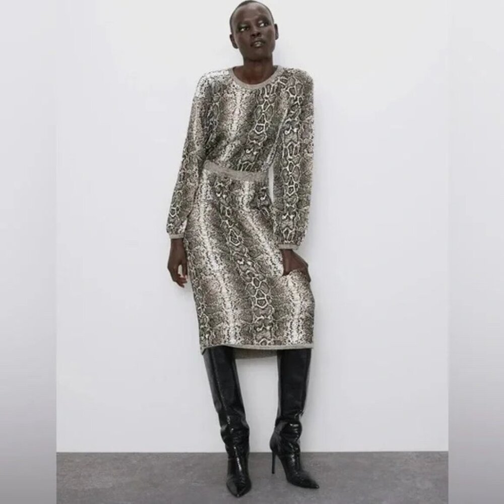 Zara Snake-Print Long Sleeve Midi Dress in Neutral Gray and Cream